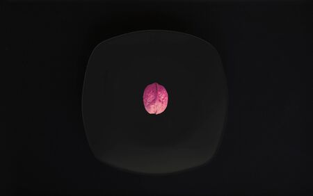 Funny walnut on a dark dish, black backgroundの写真素材