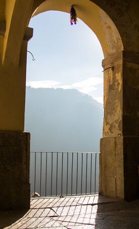 Panoramic point on Alps, terrace in a mountain villageの写真素材