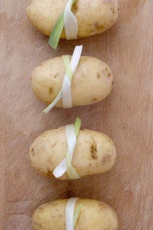 sushi like potatoes in lineの写真素材