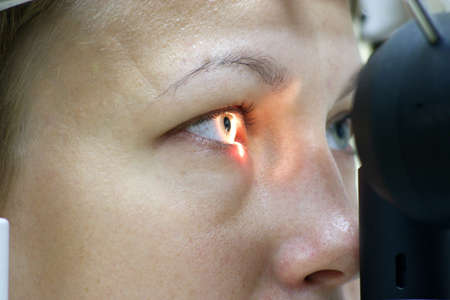 Patient at the eye testing - eye close up