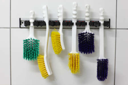 selection of six colorful, industrial, nylon,used  brushes の写真素材