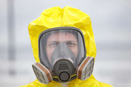 Head of man in modern gas mask - close upの写真素材