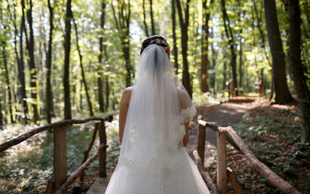 beautiful bride on the forest backgroundの写真素材
