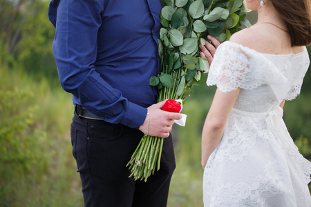 boy declares his love for his girlfriendの写真素材