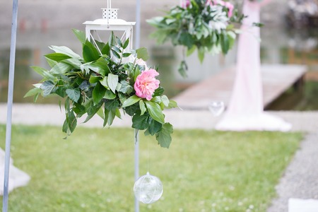 romantic and delicate decoration for wedding marriage ceremony in the open air