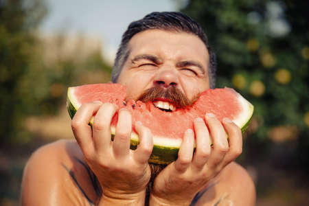 Angry tanned bearded man with a large red mustache holds and aggressively bites a piece of ripe watermelon in the rain in a green gardenの写真素材