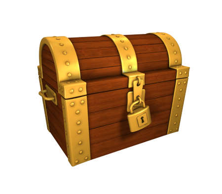 treasure chest locked, with lock, gold and metal, isolated on white