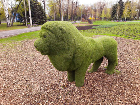 Decorative sculpture of a lion in a city park close-up.の写真素材