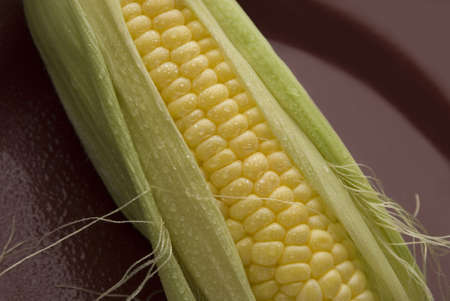 close up and detail of rustic yellow corn and green leaves on dark dish  