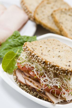 wholemeal bread and ham sandwich still lifeの写真素材