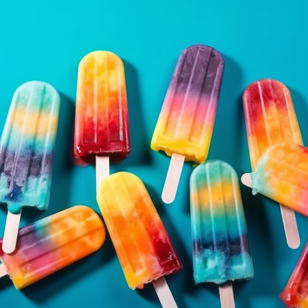 Colorful popsicles on blue background. Top view, flat layの素材
