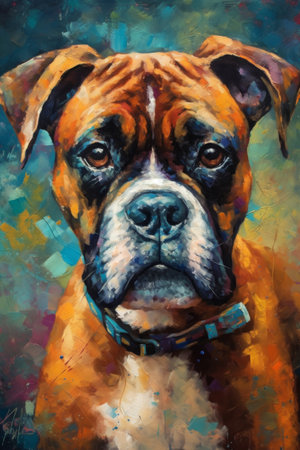 Portrait of a boxer dog with a blue collar. Oil painting.の素材