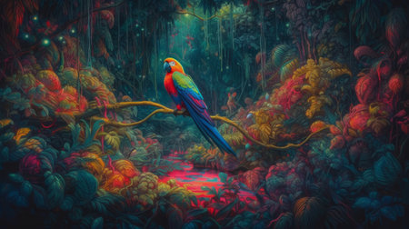 Colorful parrot sitting on a tree in the forest. Painting effect.の素材