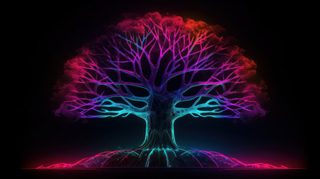 3d rendering of an abstract tree in neon light on a black backgroundの素材