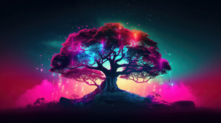 Magic tree in the dark with neon light. 3D illustration.の素材