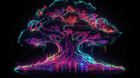 3d rendering of a fantasy tree with neon lights on black backgroundの素材