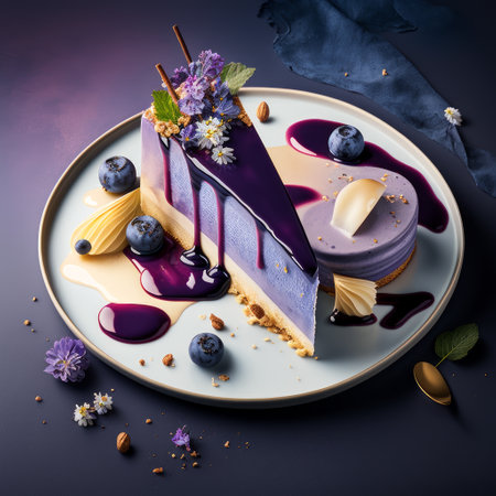 Blueberry cheesecake decorated with fresh blueberries and lavender flowersの素材