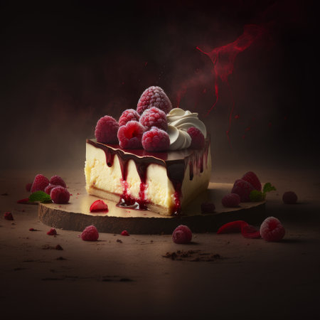 Piece of cheesecake with raspberries on a dark backgroundの素材