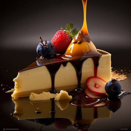 Cheesecake with strawberry, blueberry and chocolate on black backgroundの素材