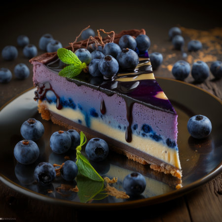 Blueberry cheesecake decorated with fresh blueberries and mint leaves.の素材