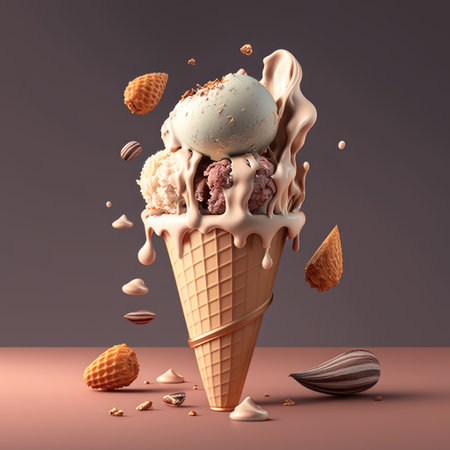Ice cream in a waffle cone with splashes of chocolate and ice cream balls. 3d renderingの素材