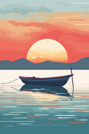 Fishing boat on the lake at sunset. Vector illustration in flat styleの素材