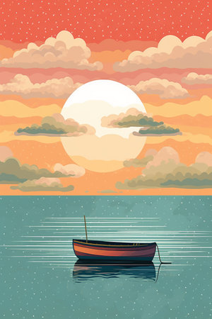 Fishing boat on the sea at sunset. Vector illustration in flat styleの素材