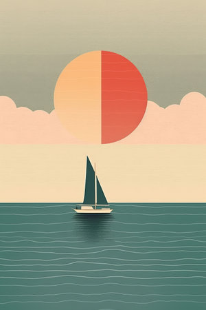 Retro seascape with sailboat and sunset. Vector illustration.の素材