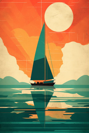 Sailing boat on the sea at sunset. Vintage style. Vector illustration.の素材