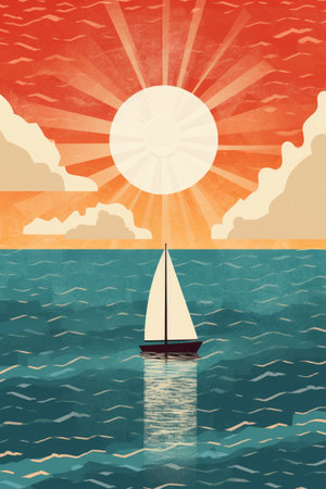 Sunset on the sea with sailboat. Vector illustration. Vintage background.の素材