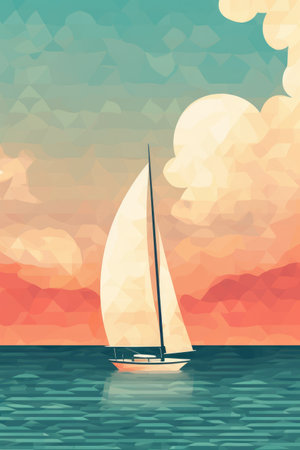 Sailing boat on the sea at sunset. Vector illustration in retro styleの素材