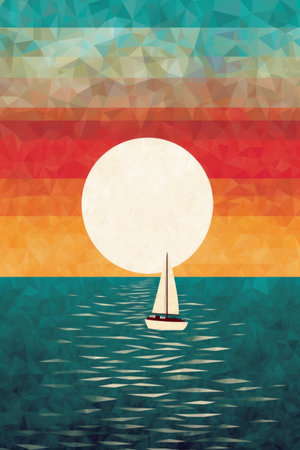 Illustration of a sailboat on the sea at sunset. Vector background.の素材