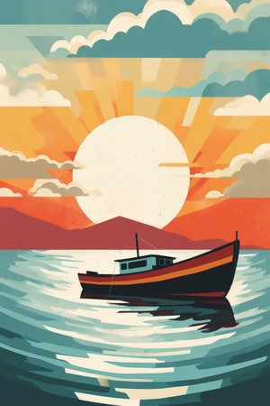 Fishing boat on the sea at sunset. Vector illustration in retro styleの素材