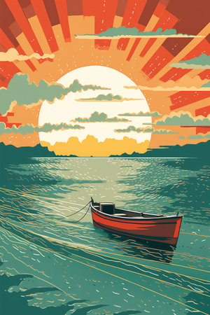 Fishing boat on the sea at sunset. Vector illustration in retro styleの素材