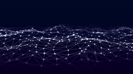 A wave of dots and lines of network connection. Technological background. 3D.