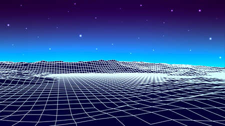 Landscaping of mountains. Abstract wireframe cyberspace mesh. Vector illustration.のイラスト素材
