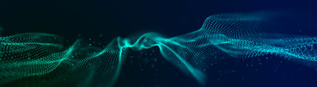 Abstract digital data background. Wave with moving dots. Musical stream of sounds. 3D.