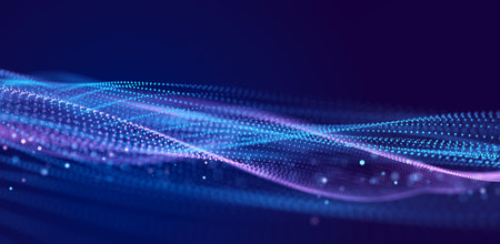 Abstract background grid. Data stream. Futuristic blue particle wave. 3d.