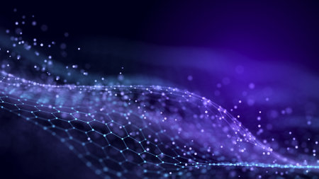 Futuristic blue background with intertwined dots.Lots of data. Musical flow of sounds. 3Dの写真素材