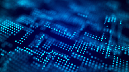 Background matrix code. Drawing of moving particles. Data exchange.