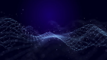 Abstract background grid of interlacing lines and dots. Futuristic blue particle wave. Structure of...