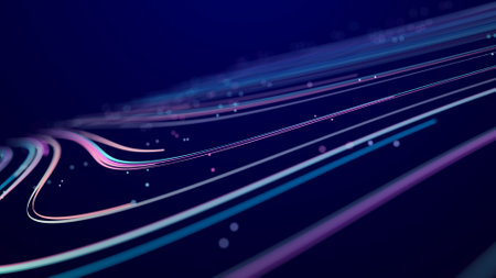 Abstract glitter particles in dark space. Network data transfer concept. 3D