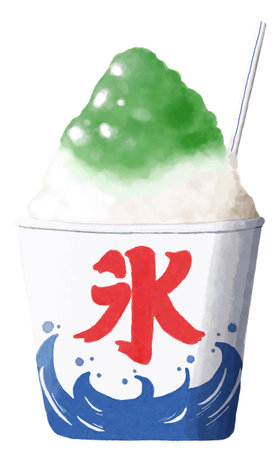 Depicting the cool delight of Japanese shaved ice, this watercolor painting illustrates the delicate ice texture and the variety of sweet flavors that make it a popular summer treat.のイラスト素材