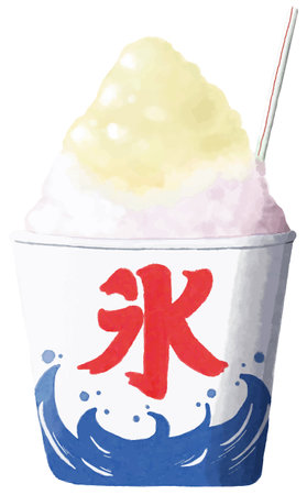 Depicting the cool delight of Japanese shaved ice, this watercolor painting illustrates the delicate ice texture and the variety of sweet flavors that make it a popular summer treat.のイラスト素材