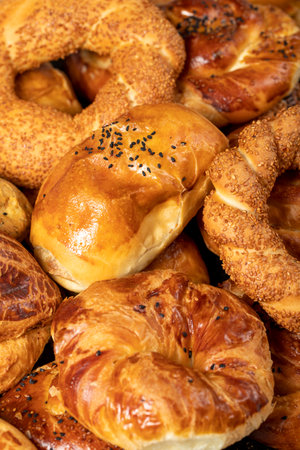 Bagel and pogaca varieties. They eat pastries in piles. Bakery products. Traditional turkish cuisine...