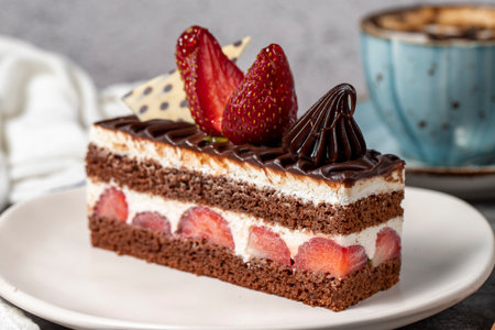 Strawberry and chocolate cake on a dark background. Slice of layered chocolate cake with coffee cup....