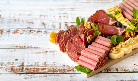 Cold Smoked Meat Plate on wood floor. Antipasto set plater wooden plate. Cold smoked meat with...