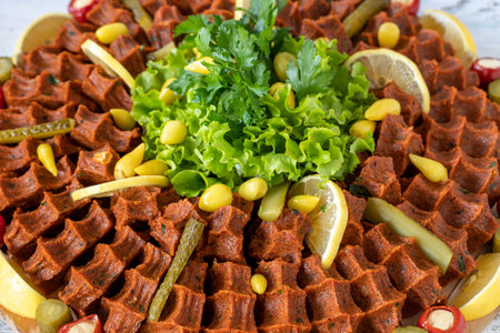 Turkish raw meatballs on a wooden background. Turkish cuisine delicacies. Local name cig meatballsの写真素材