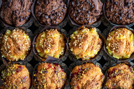 Chocolate and hazelnut muffins. American cuisine delicacies. Top viewの写真素材