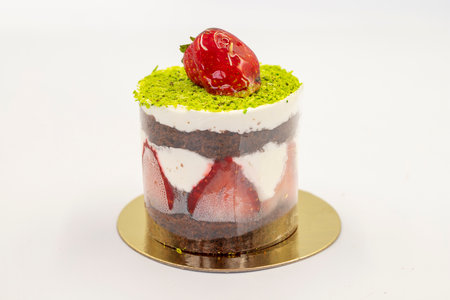 Strawberry and pistachio cake isolated on a white background. close up